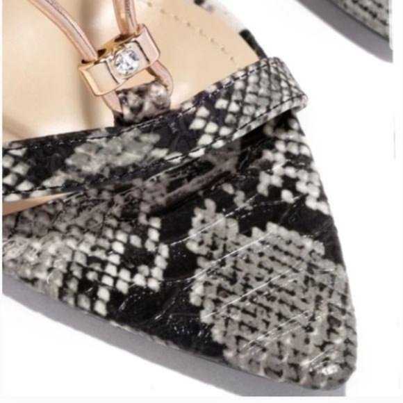 Sole Jealous Shoes Pointy Toe Ankle Wrap Heel In Snake Rose Gold